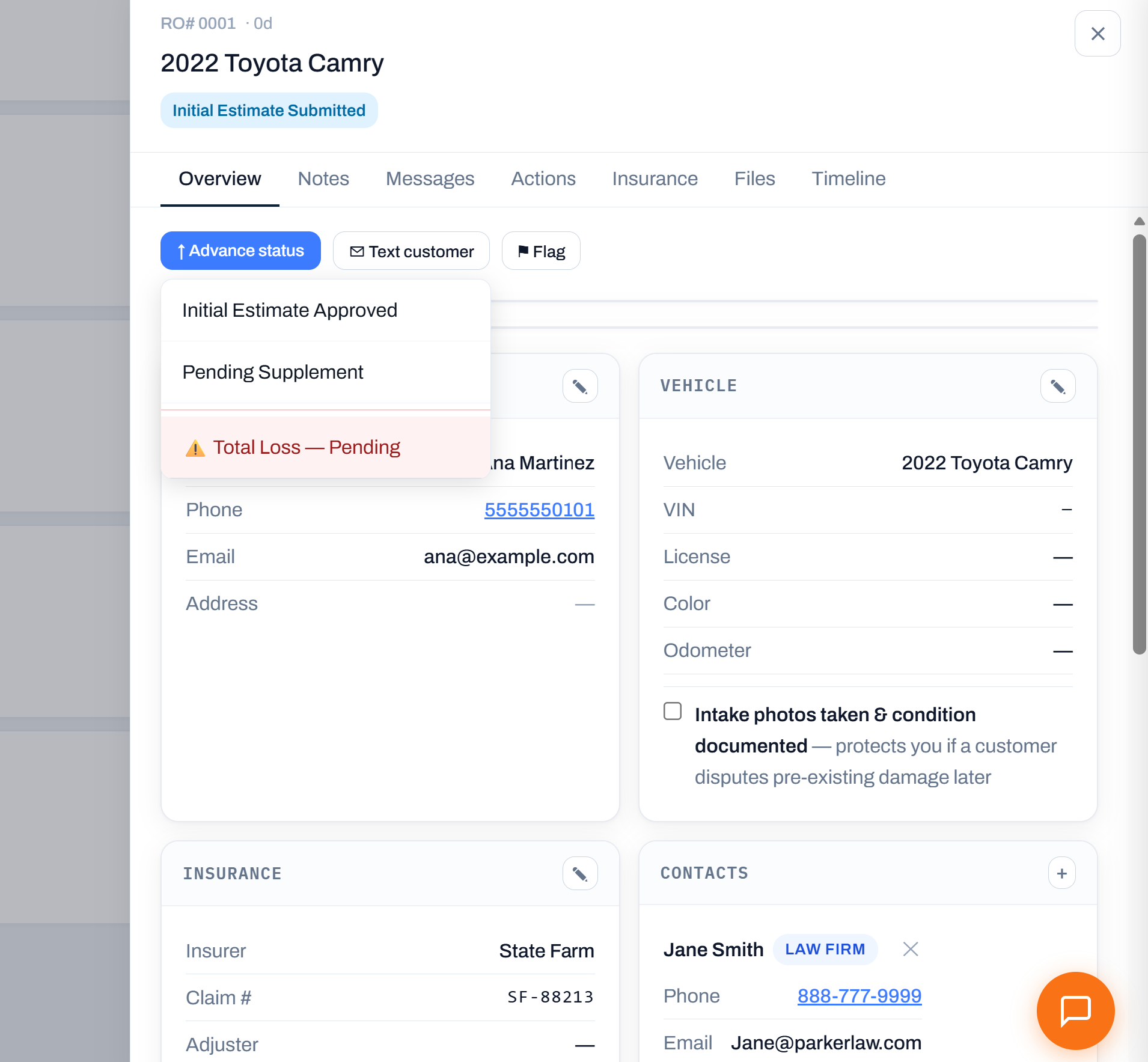 Job panel with Advance status menu open