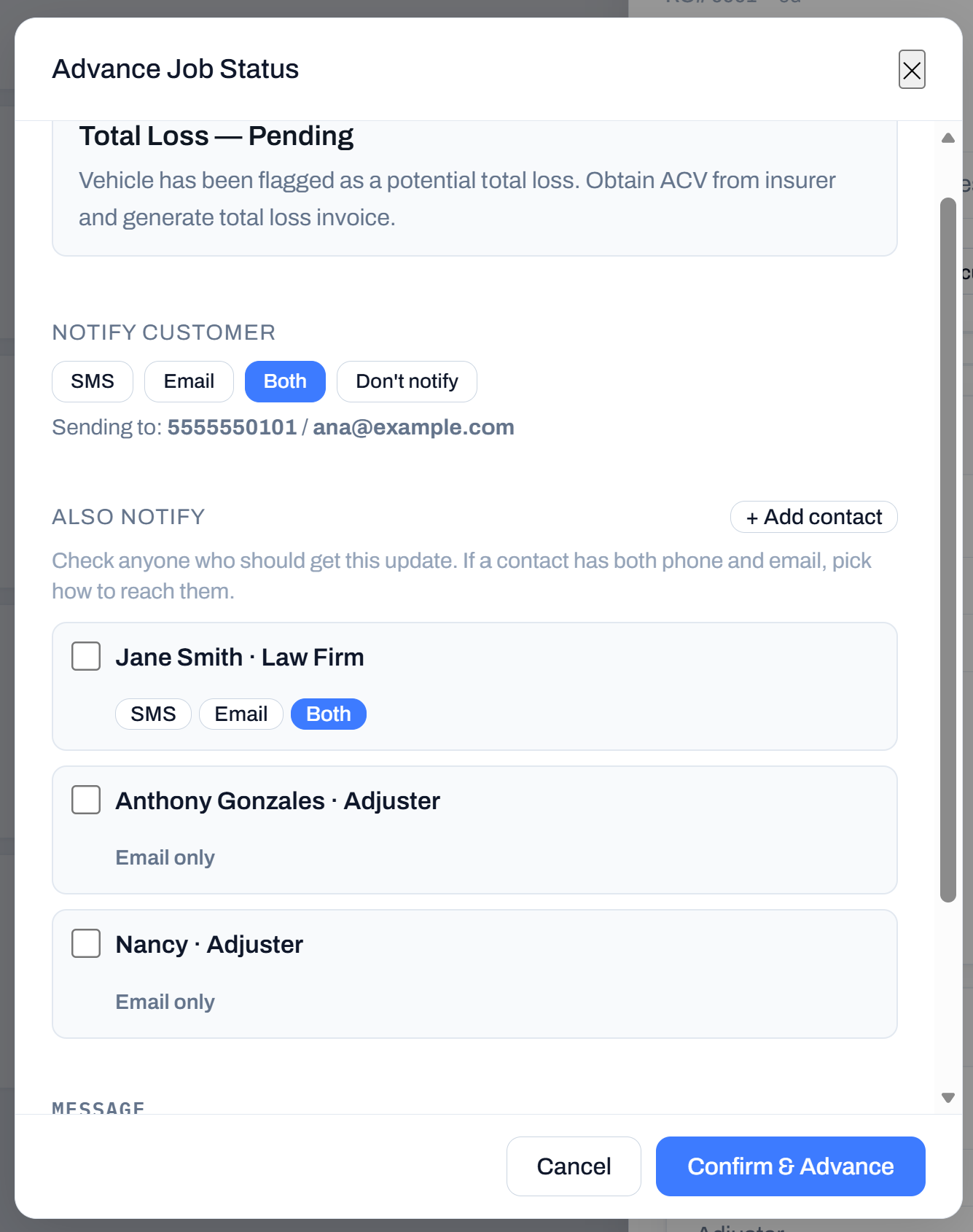 Advance status with multiple contacts