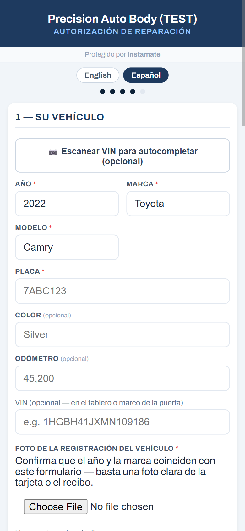 Customer repair auth form in Spanish