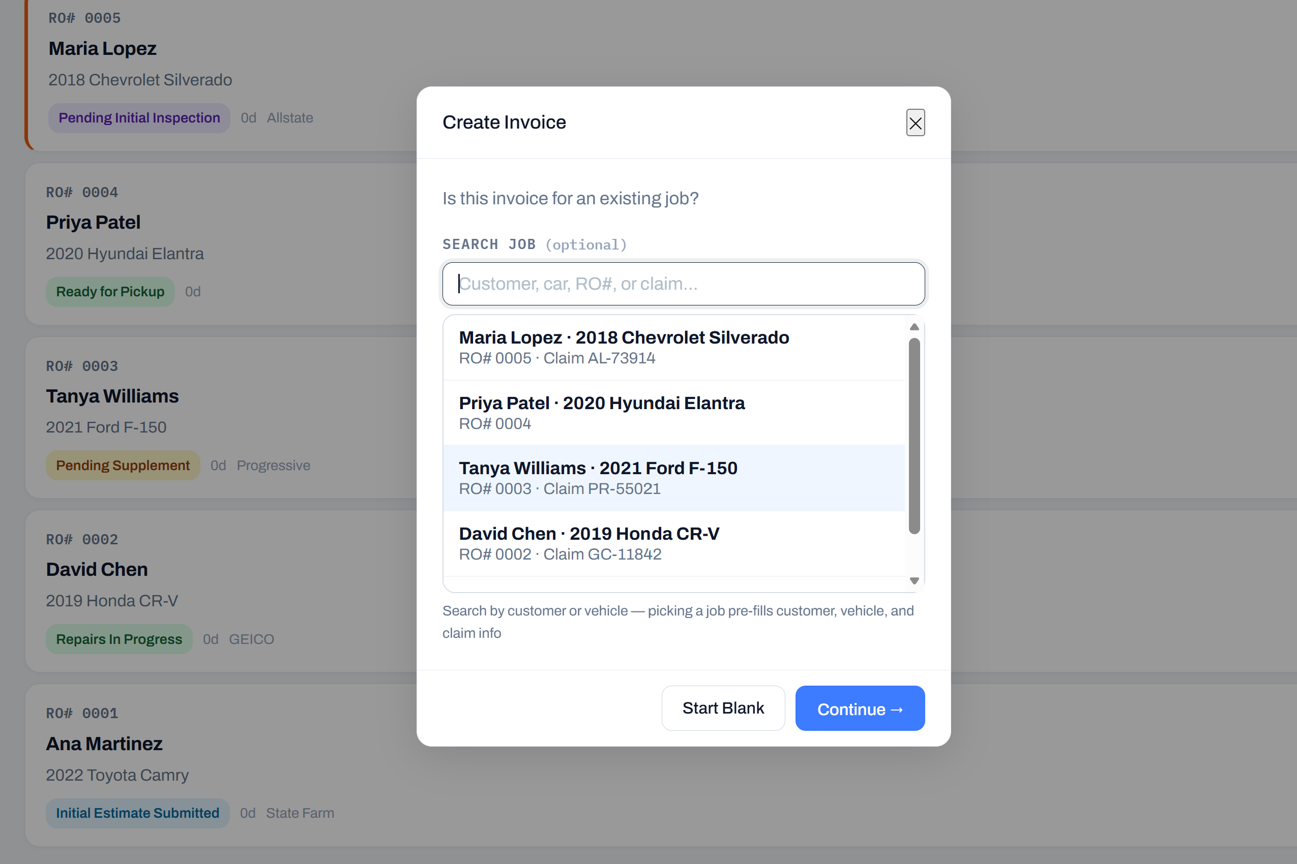 Search jobs when creating an invoice