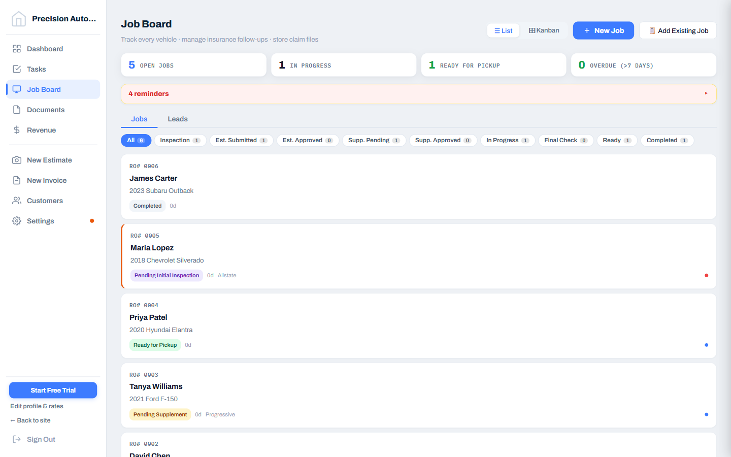 Job Board with cars in every stage