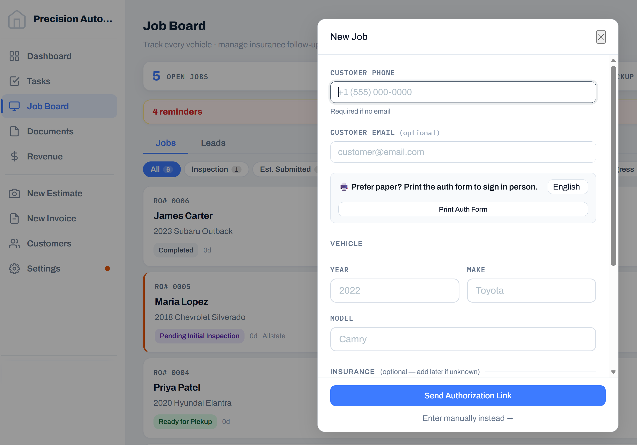 Send repair authorization from New Job